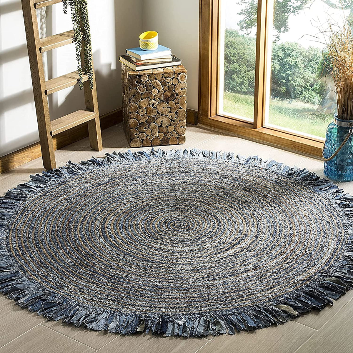 Beige Blue Jute Braided Round Rugfor Living Room – Artisan Style 24 handmade by LoomifyHome