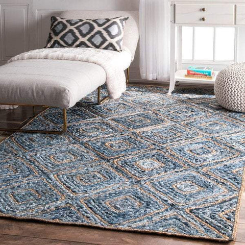 Beige Blue Jute Braided Runner Rugfor Living Room – Denim handmade by LoomifyHome