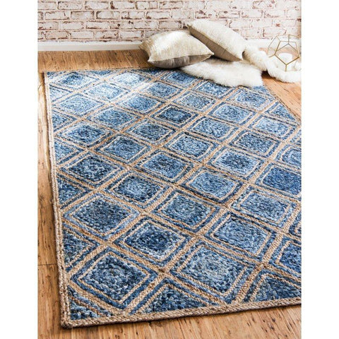 Beige Blue Jute Braided Runner Rugfor Living Room – 6x8 handmade by LoomifyHome