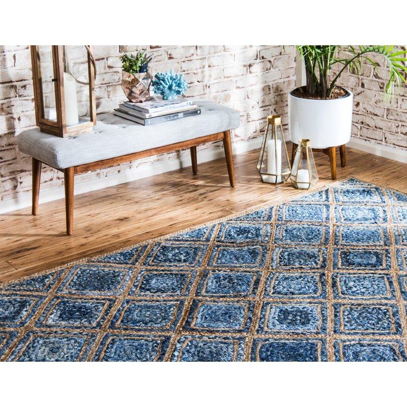 Beige Blue Jute Braided Runner Rugfor Living Room – 6x8 handmade by LoomifyHome