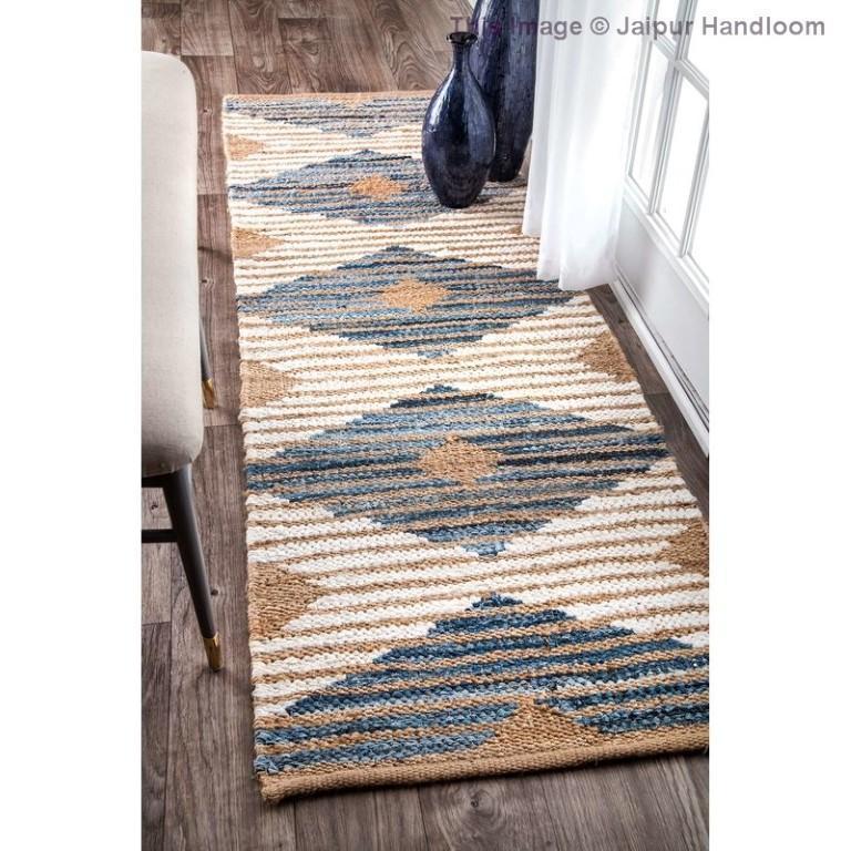 Beige Blue Jute Braided Runner Rugfor Living Room – Geometric handmade by LoomifyHome