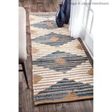 Beige Blue Jute Braided Runner Rugfor Living Room – Geometric handmade by LoomifyHome