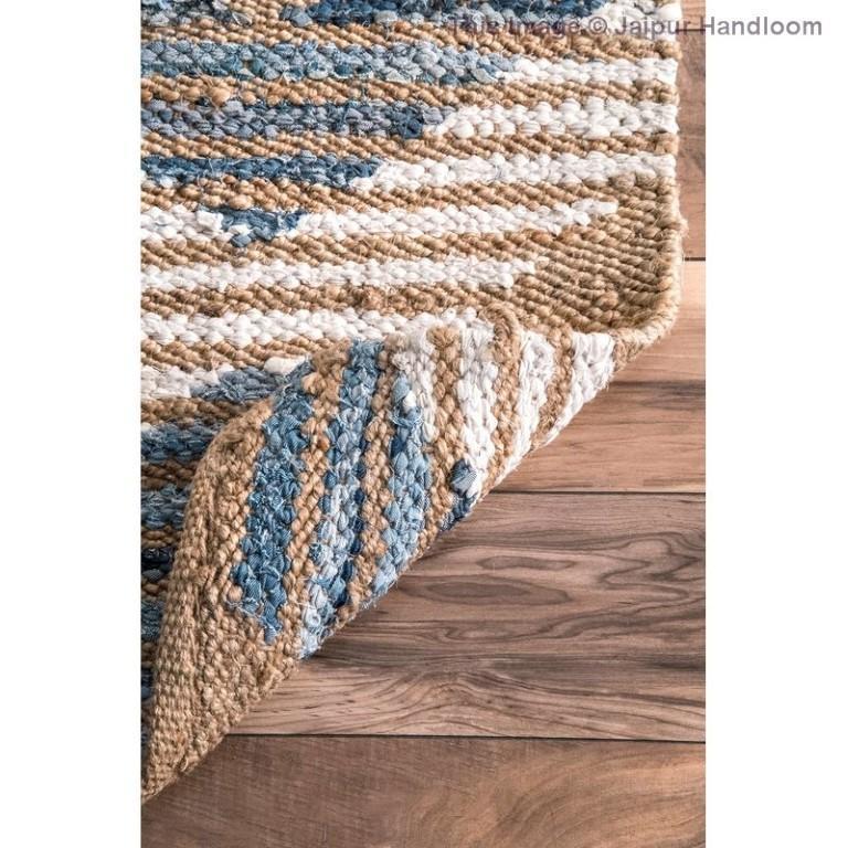 Beige Blue Jute Braided Runner Rugfor Living Room – Geometric handmade by LoomifyHome