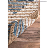 Beige Blue Jute Braided Runner Rugfor Living Room – Geometric handmade by LoomifyHome