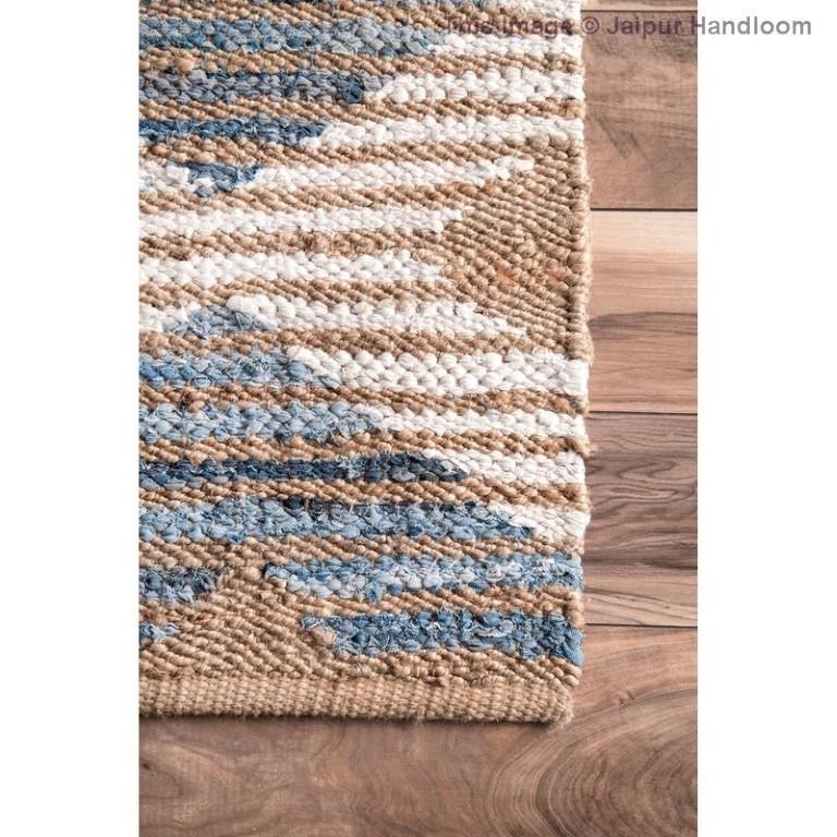 Beige Blue Jute Braided Runner Rugfor Living Room – Geometric handmade by LoomifyHome