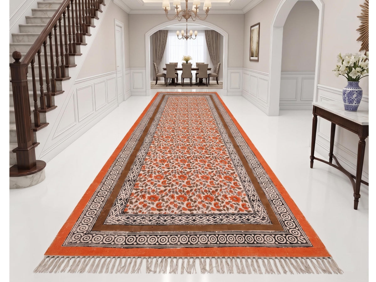 Handmade Block Printed Cotton Rug: Bohemian Floral Kilim, Flatweave Rug for living room, Dining room, Bedroom, Hallways