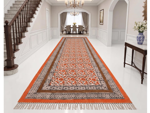 Handmade Block Printed Cotton Rug: Bohemian Floral Kilim, Flatweave Rug for living room, Dining room, Bedroom, Hallways