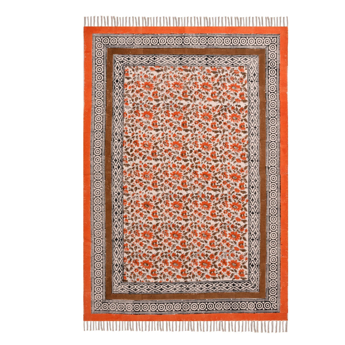 Handmade Block Printed Cotton Rug: Bohemian Floral Kilim, Flatweave Rug for living room, Dining room, Bedroom, Hallways