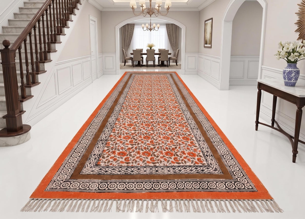 Handmade Block Printed Cotton Rug: Bohemian Floral Kilim, Flatweave Rug for living room, Dining room, Bedroom, Hallways
