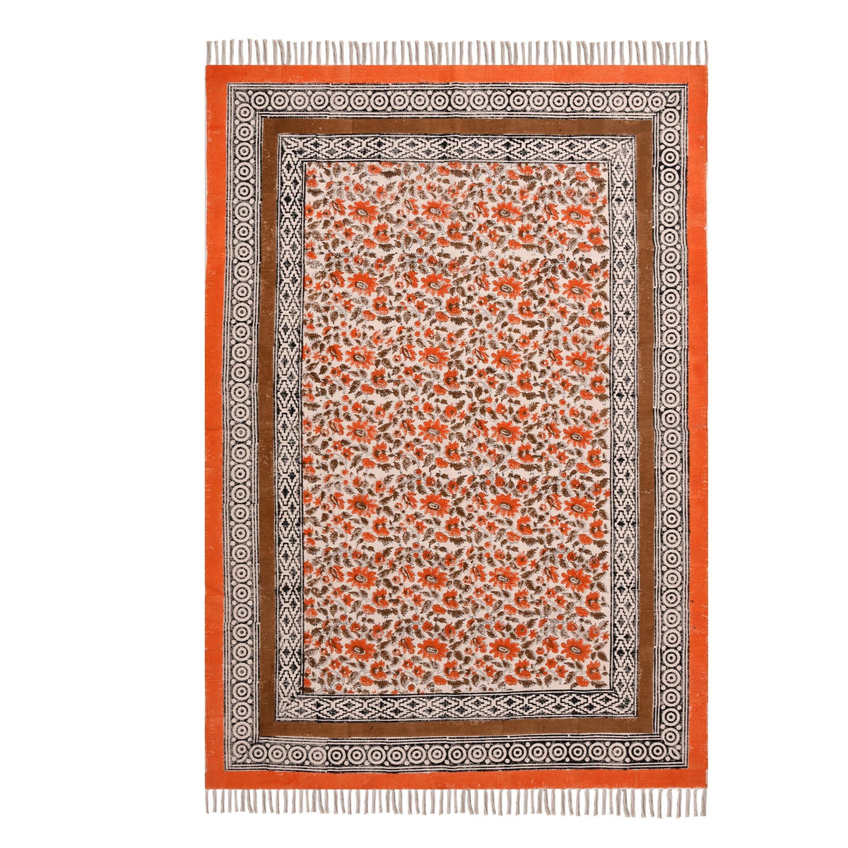 Handmade Block Printed Cotton Rug: Bohemian Floral Kilim, Flatweave Rug for living room, Dining room, Bedroom, Hallways