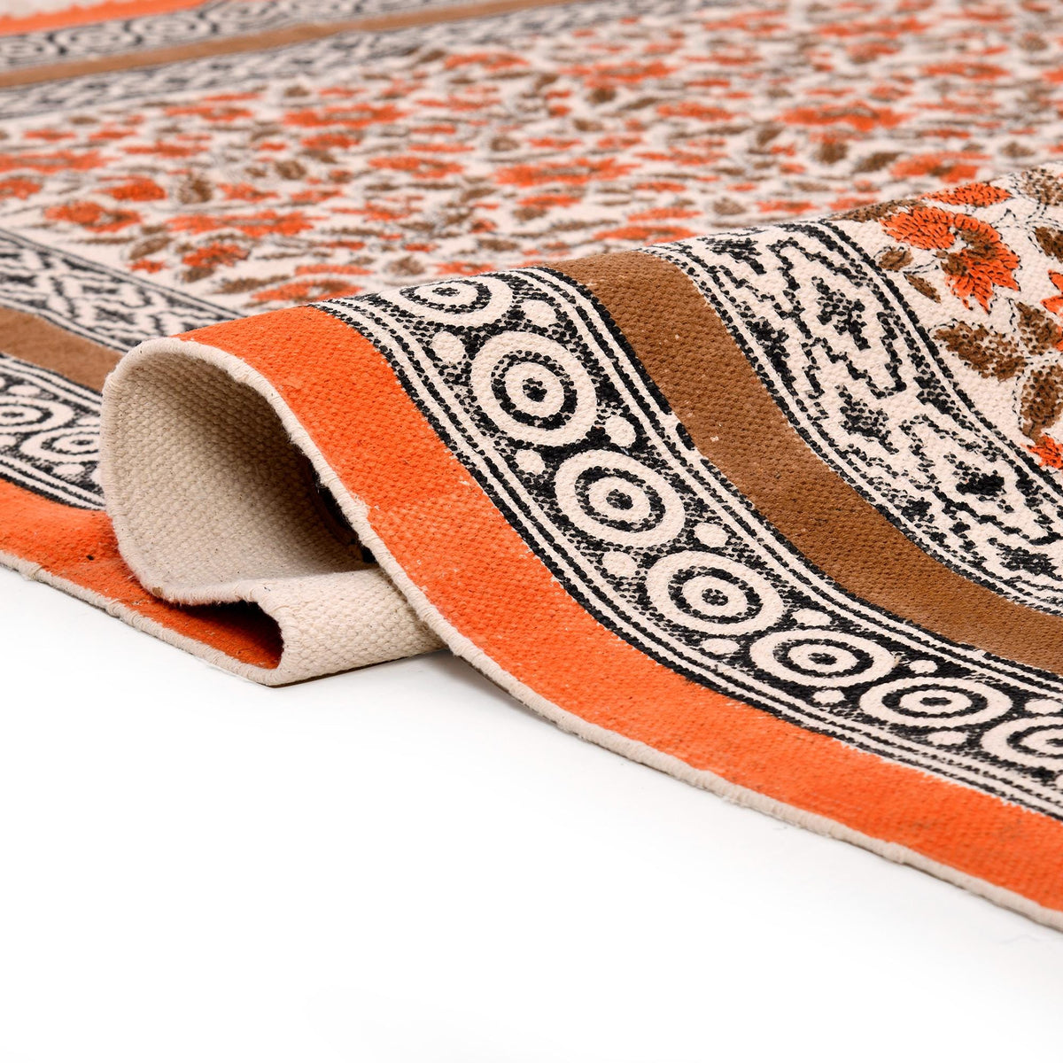 Handmade Block Printed Cotton Rug: Bohemian Floral Kilim, Flatweave Rug for living room, Dining room, Bedroom, Hallways