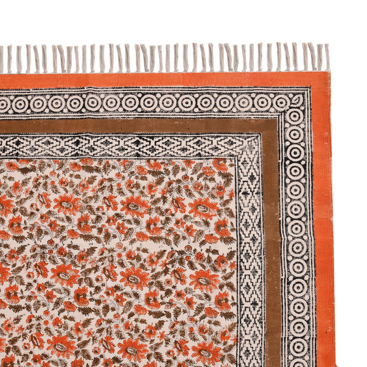 Handmade Block Printed Cotton Rug: Bohemian Floral Kilim, Flatweave Rug for living room, Dining room, Bedroom, Hallways