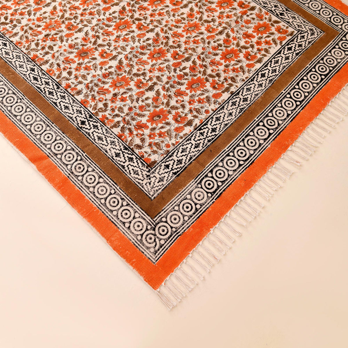 Handmade Block Printed Cotton Rug: Bohemian Floral Kilim, Flatweave Rug for living room, Dining room, Bedroom, Hallways