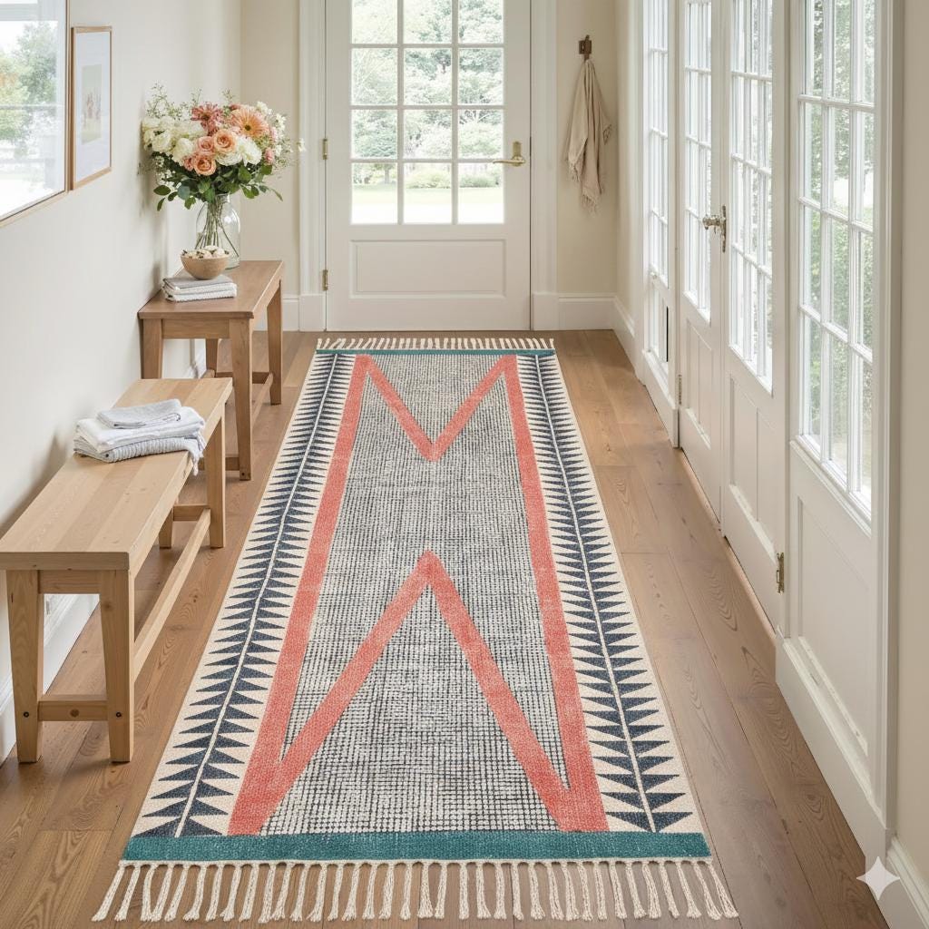 Multi Sizes Extra wide Long Hallway Runner Rug Washable Handwoven Geometric Kitchen, Bedside, Hallway, Entry, Custom Cotton