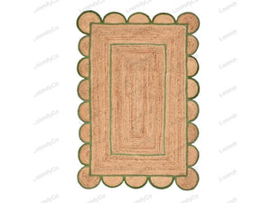 Green Scallop Jute Rug - Boho Scalloped Jute Rug, Bohemian Scallop Rug, Natural Jute Rug, Jute Scallop Rug, Sisal Runner
