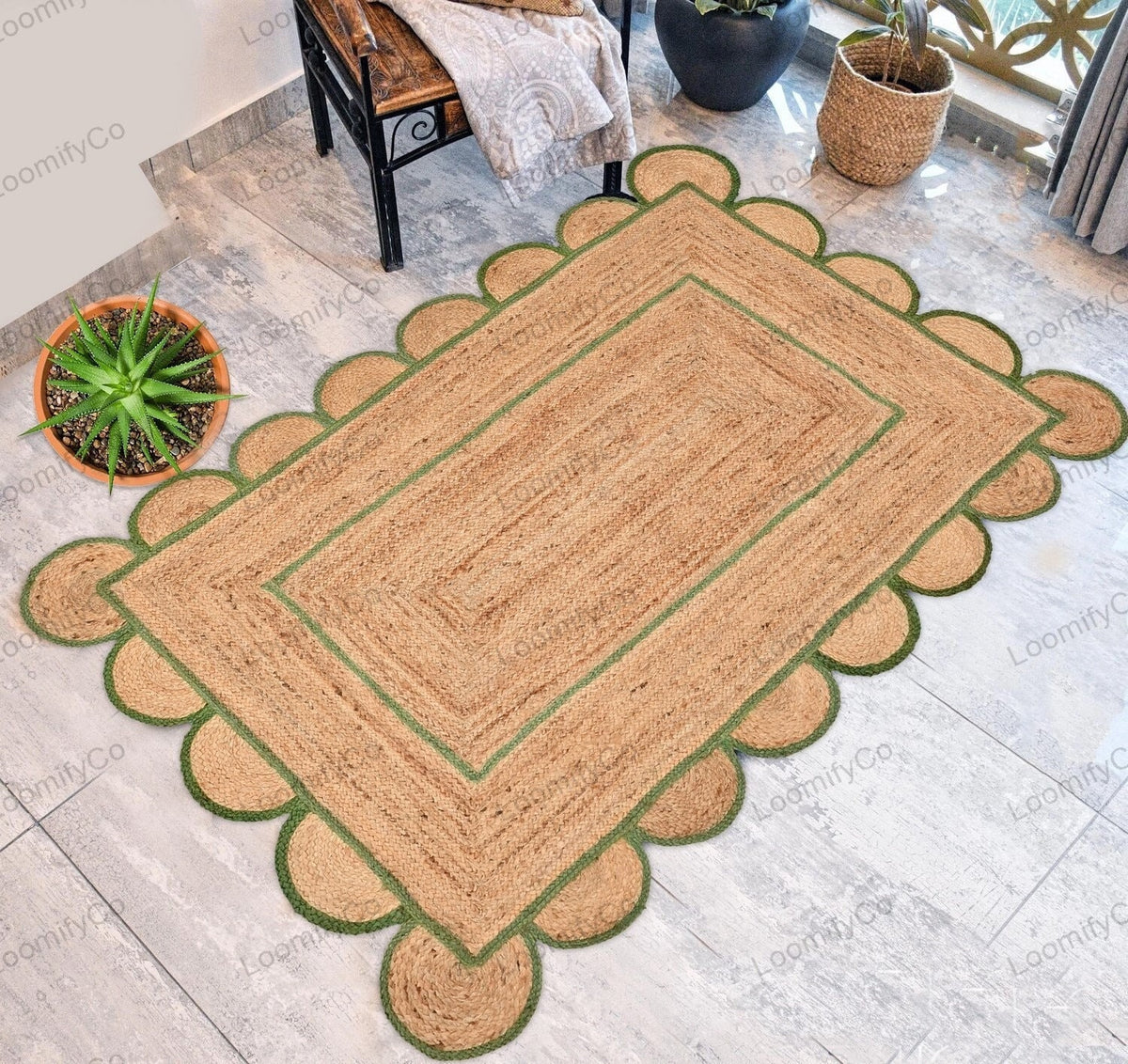 Green Scallop Jute Rug - Boho Scalloped Jute Rug, Bohemian Scallop Rug, Natural Jute Rug, Jute Scallop Rug, Sisal Runner