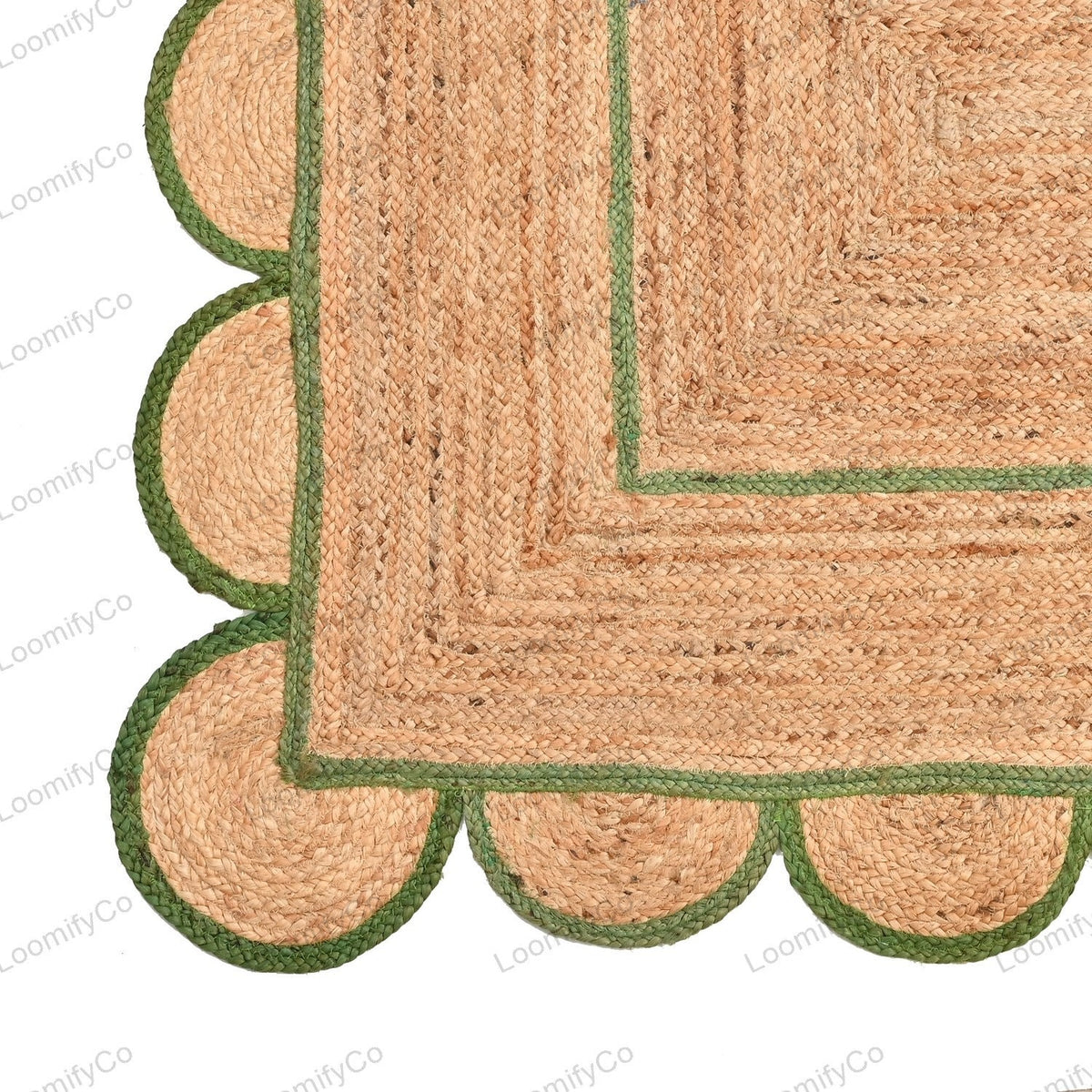 Green Scallop Jute Rug - Boho Scalloped Jute Rug, Bohemian Scallop Rug, Natural Jute Rug, Jute Scallop Rug, Sisal Runner