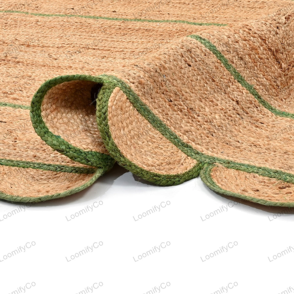 Green Scallop Jute Rug - Boho Scalloped Jute Rug, Bohemian Scallop Rug, Natural Jute Rug, Jute Scallop Rug, Sisal Runner
