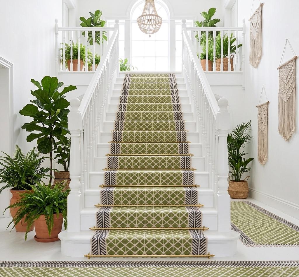 Boho Green Traploper Cotton Stair Runner Washable Stairs Cotton Carpet Runner for Stairs Hallway Runner Rug Custom Stair