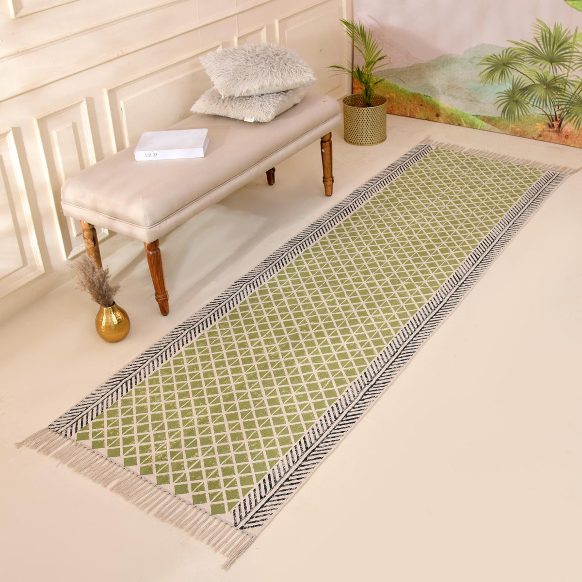 Boho Green Traploper Cotton Stair Runner Washable Stairs Cotton Carpet Runner for Stairs Hallway Runner Rug Custom Stair
