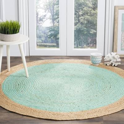 Beige Blue Jute Braided Round Rugfor Living Room – Turquoise handmade by LoomifyHome