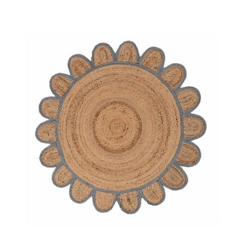Beige Blue Jute Braided Round Rugfor Living Room – Scalloped Edge handmade by LoomifyHome