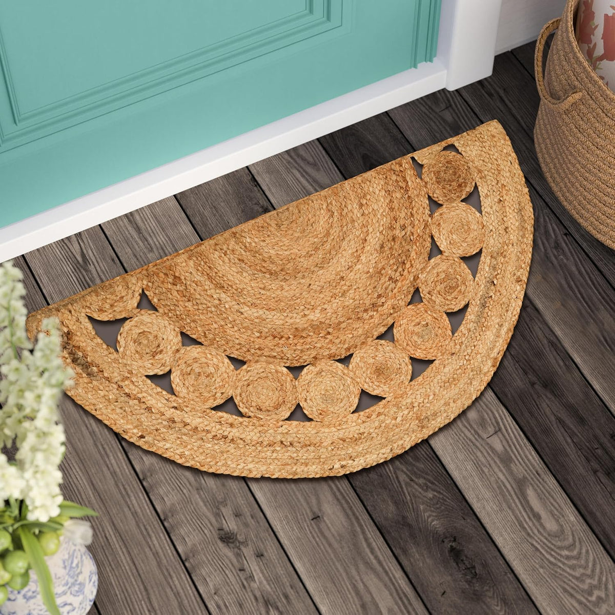 White Beige Jute Braided Half Moon Doormatfor Living Room – Artisan Style 6 handmade by LoomifyHome
