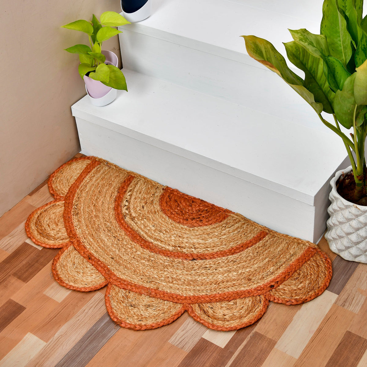 White Beige Jute Braided Half Moon Doormatfor Living Room – Artisan Style One handmade by LoomifyHome