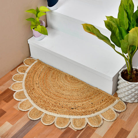 White Beige Jute Braided Half Moon Doormatfor Living Room – Scalloped handmade by LoomifyHome