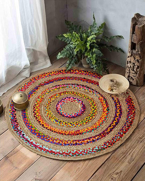 Beige Blue Jute Braided Round Rugfor Living Room – Bedroom handmade by LoomifyHome