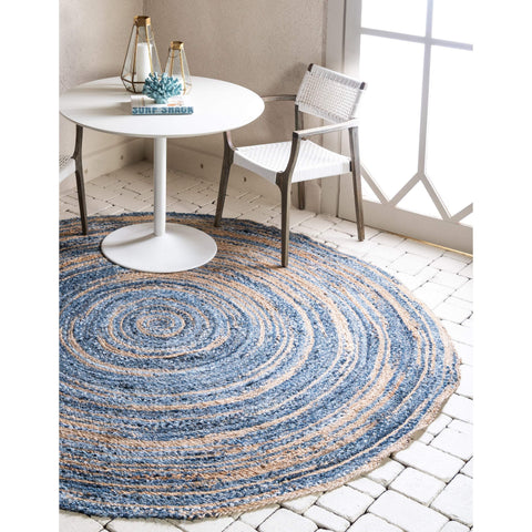 Beige Blue Jute Braided Round Rugfor Living Room – Comfy handmade by LoomifyHome