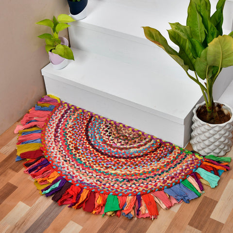 White Beige Jute Braided Half Moon Doormatfor Living Room – Chindi handmade by LoomifyHome