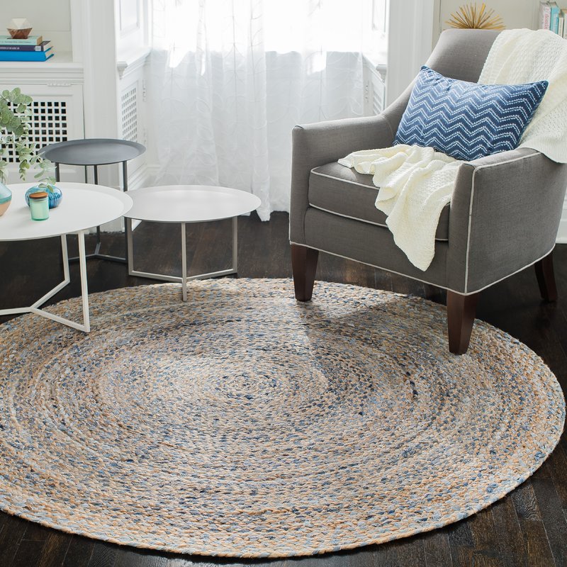 Beige Blue Jute Braided Round Rugfor Living Room – 5 x 5 handmade by LoomifyHome