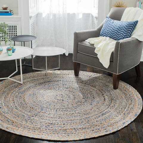 Beige Blue Jute Braided Round Rugfor Living Room – 5 x 5 handmade by LoomifyHome