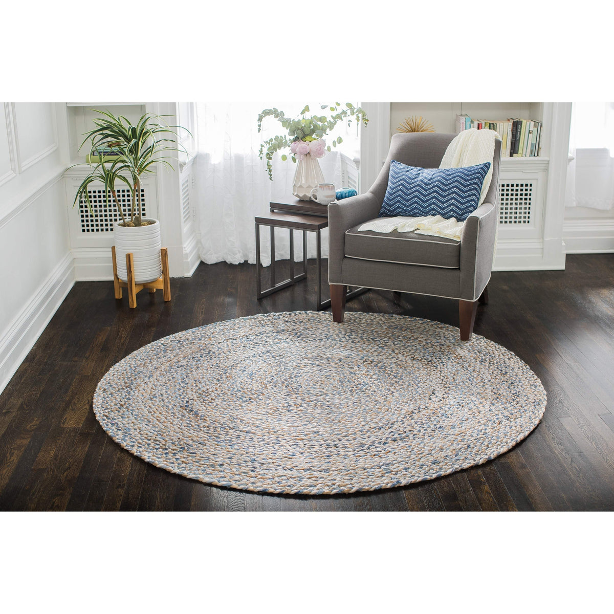 Beige Blue Jute Braided Round Rugfor Living Room – 5 x 5 handmade by LoomifyHome