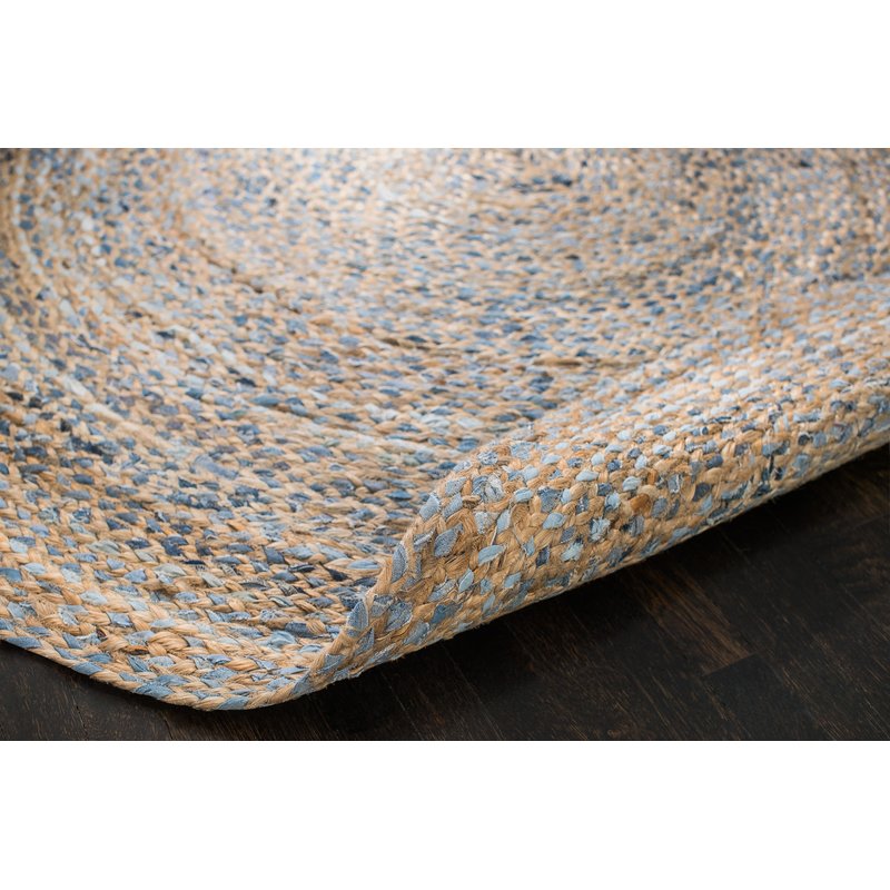 Beige Blue Jute Braided Round Rugfor Living Room – 5 x 5 handmade by LoomifyHome
