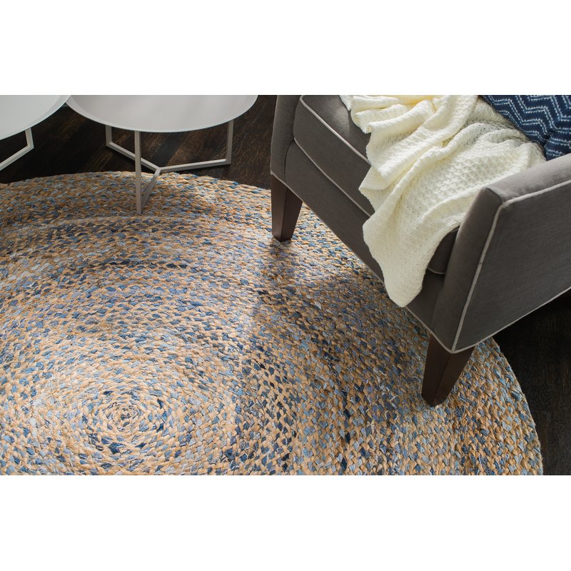 Beige Blue Jute Braided Round Rugfor Living Room – 5 x 5 handmade by LoomifyHome
