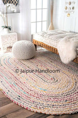 Beige Blue Jute Braided Oval Rugfor Living Room – Solid handmade by LoomifyHome