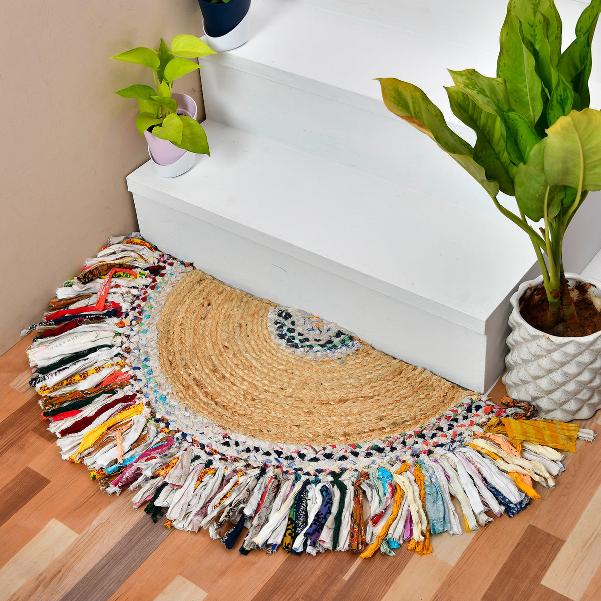 White Beige Jute Braided Half Moon Doormatfor Living Room – Natural Texture handmade by LoomifyHome