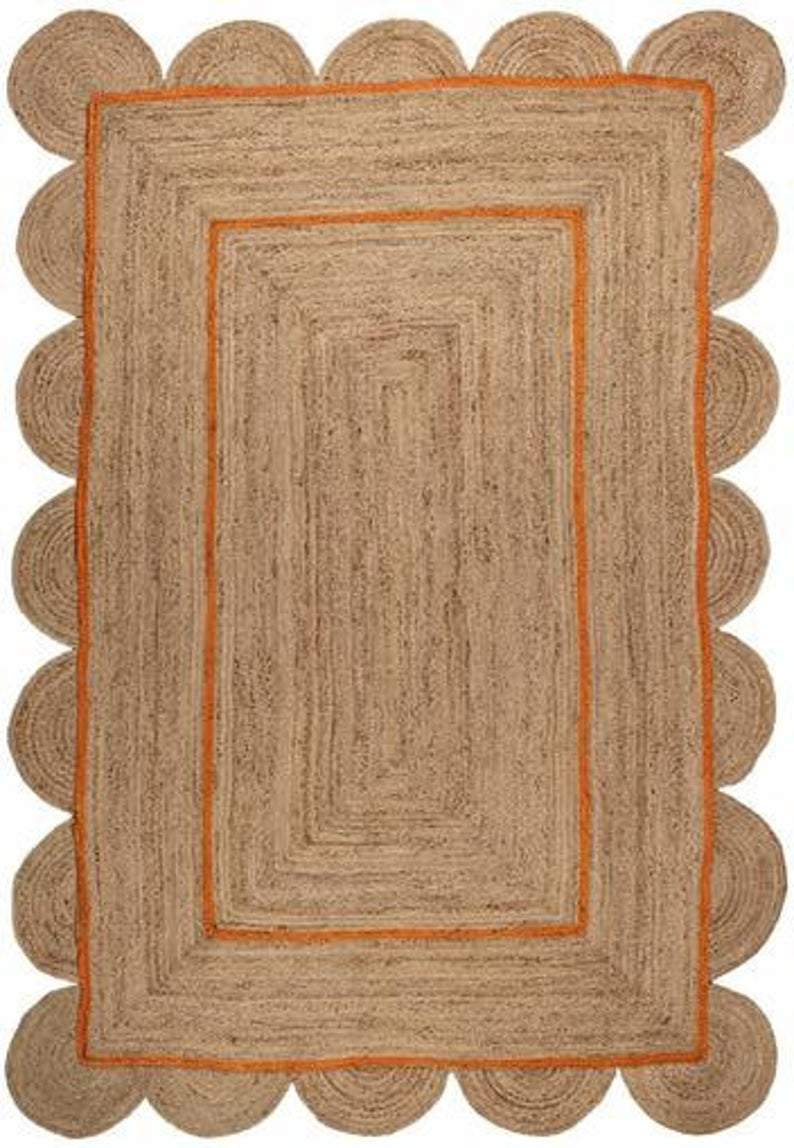 Beige Blue Jute Braided Scalloped Rugfor Living Room – Bedroom Ready handmade by LoomifyHome