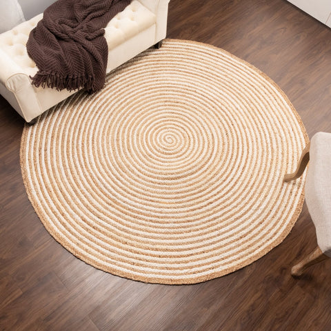 White Beige Jute Braided Round Rugfor Living Room – Scalloped Edge handmade by LoomifyHome