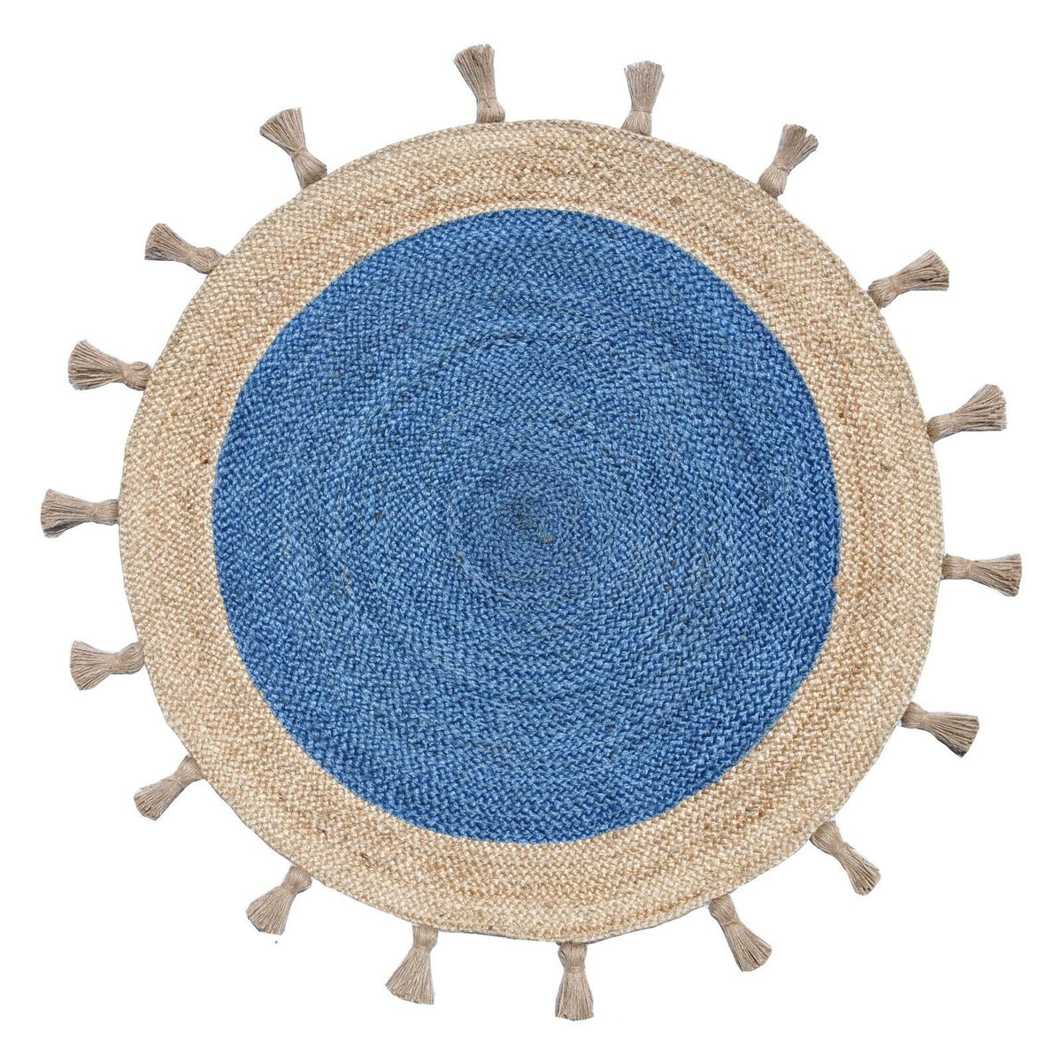 Beige Blue Jute Braided Round Rugfor Living Room – Tassels handmade by LoomifyHome