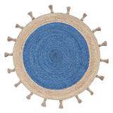 Beige Blue Jute Braided Round Rugfor Living Room – Tassels handmade by LoomifyHome