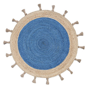 Beige Blue Jute Braided Round Rugfor Living Room – Tassels handmade by LoomifyHome
