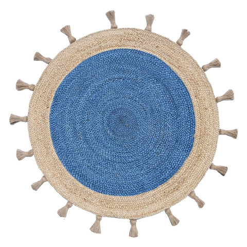 Beige Blue Jute Braided Round Rugfor Living Room – Tassels handmade by LoomifyHome