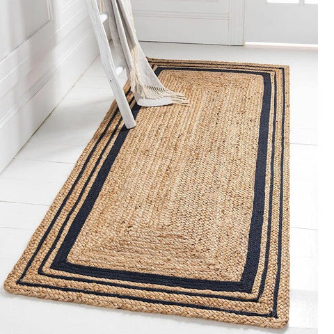 Beige Blue Jute Braided Stair Runnerfor Living Room handmade by LoomifyHome