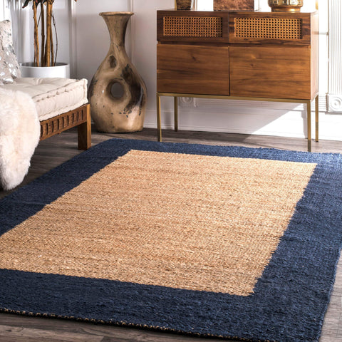Beige Blue Jute Braided Area Rugfor Living Room – Bordered handmade by LoomifyHome