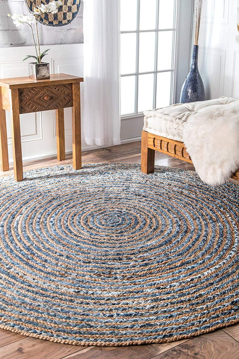 Beige Blue Jute Braided Doormatfor Living Room – Round handmade by LoomifyHome
