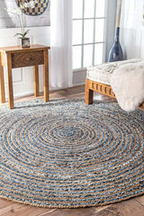 Beige Blue Jute Braided Doormatfor Living Room – Round handmade by LoomifyHome