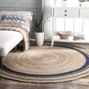 Beige Blue Jute Braided Round Rugfor Living Room – Designer handmade by LoomifyHome